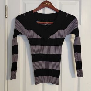 Striped Black and Gray Ribbed VNeck Sweater, Size M, Love By Design